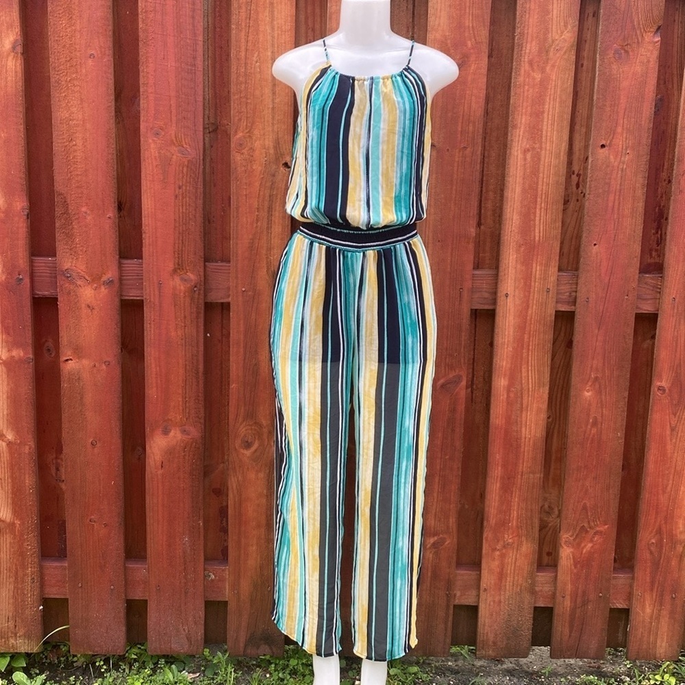 Sweet Storm Striped Halter Jumpsuit Open Keyhole Back Teal Yellow M